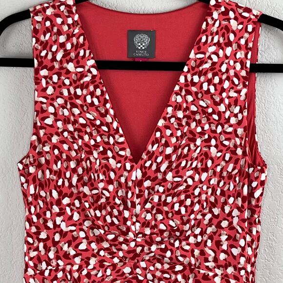 Vince Camuto Red Multi Printed Ruched Front Sleeveless V-Neck Midi Dress 6 NWOT - Picture 5 of 13